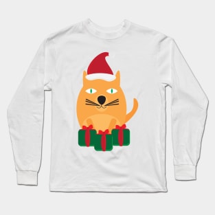 Cute Cartoon Cat with Santa Hat and Green Red Gifts Long Sleeve T-Shirt